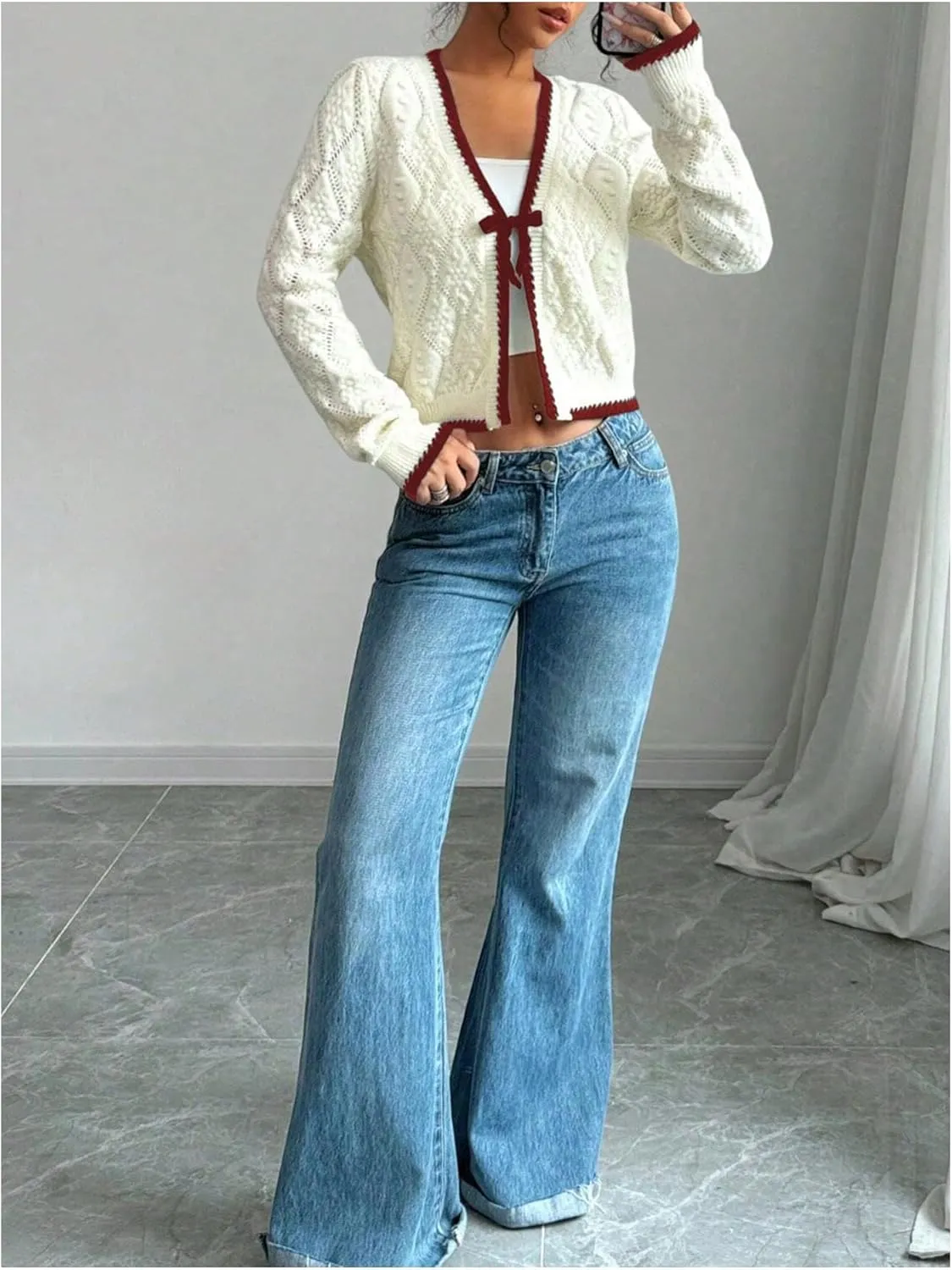 GORGLITTER Women's Bow Tie Front Cropped Cardigan Sweaters Crochet Long Sleeve Knitted Tops