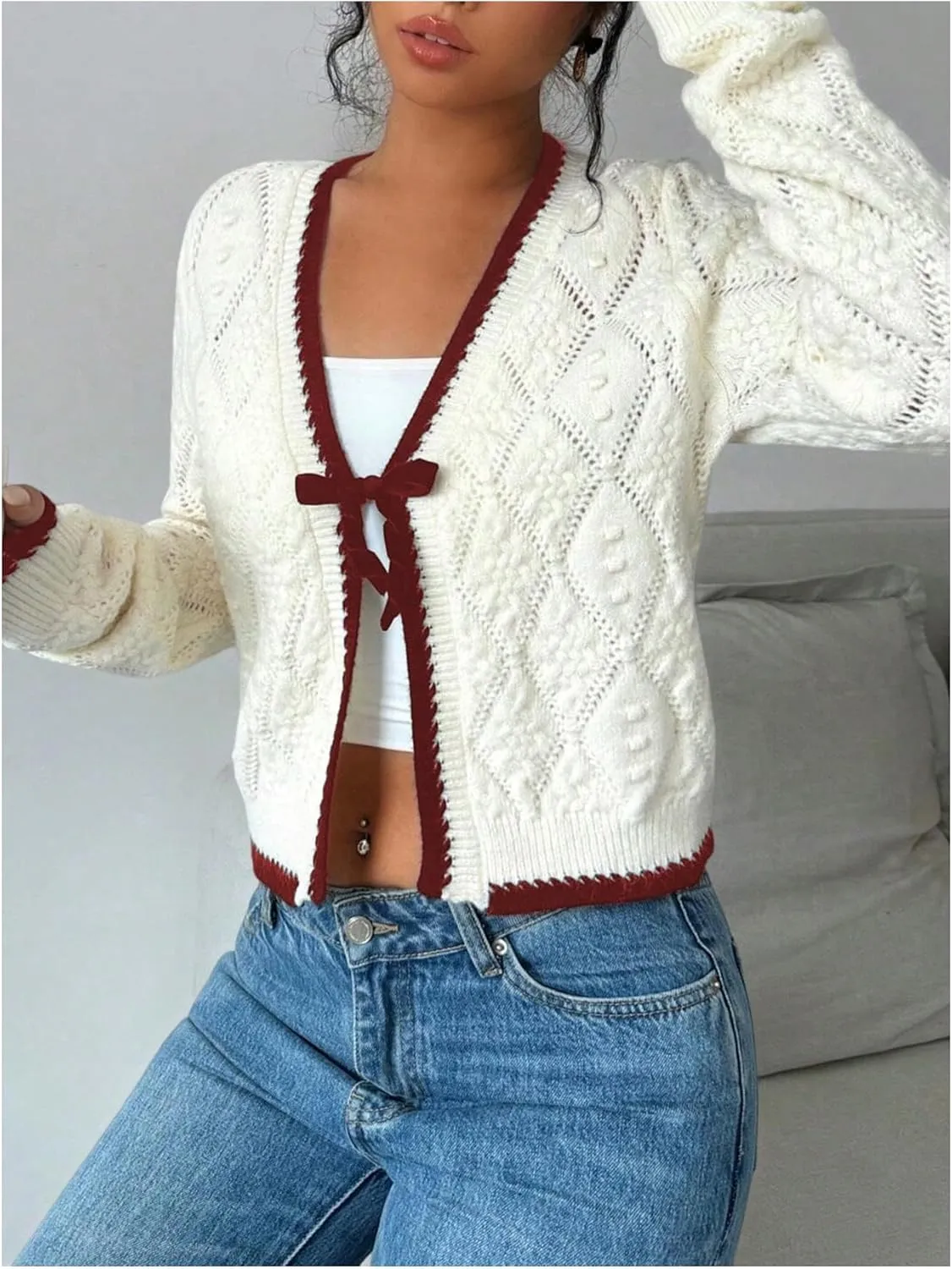 GORGLITTER Women's Bow Tie Front Cropped Cardigan Sweaters Crochet Long Sleeve Knitted Tops