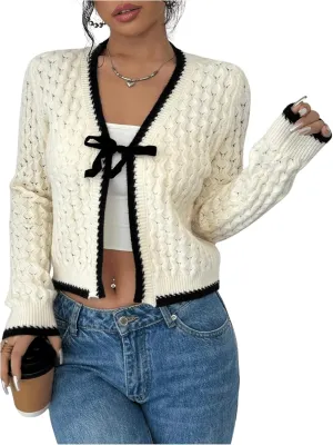 GORGLITTER Women's Bow Tie Front Cropped Cardigan Sweaters Crochet Long Sleeve Knitted Tops