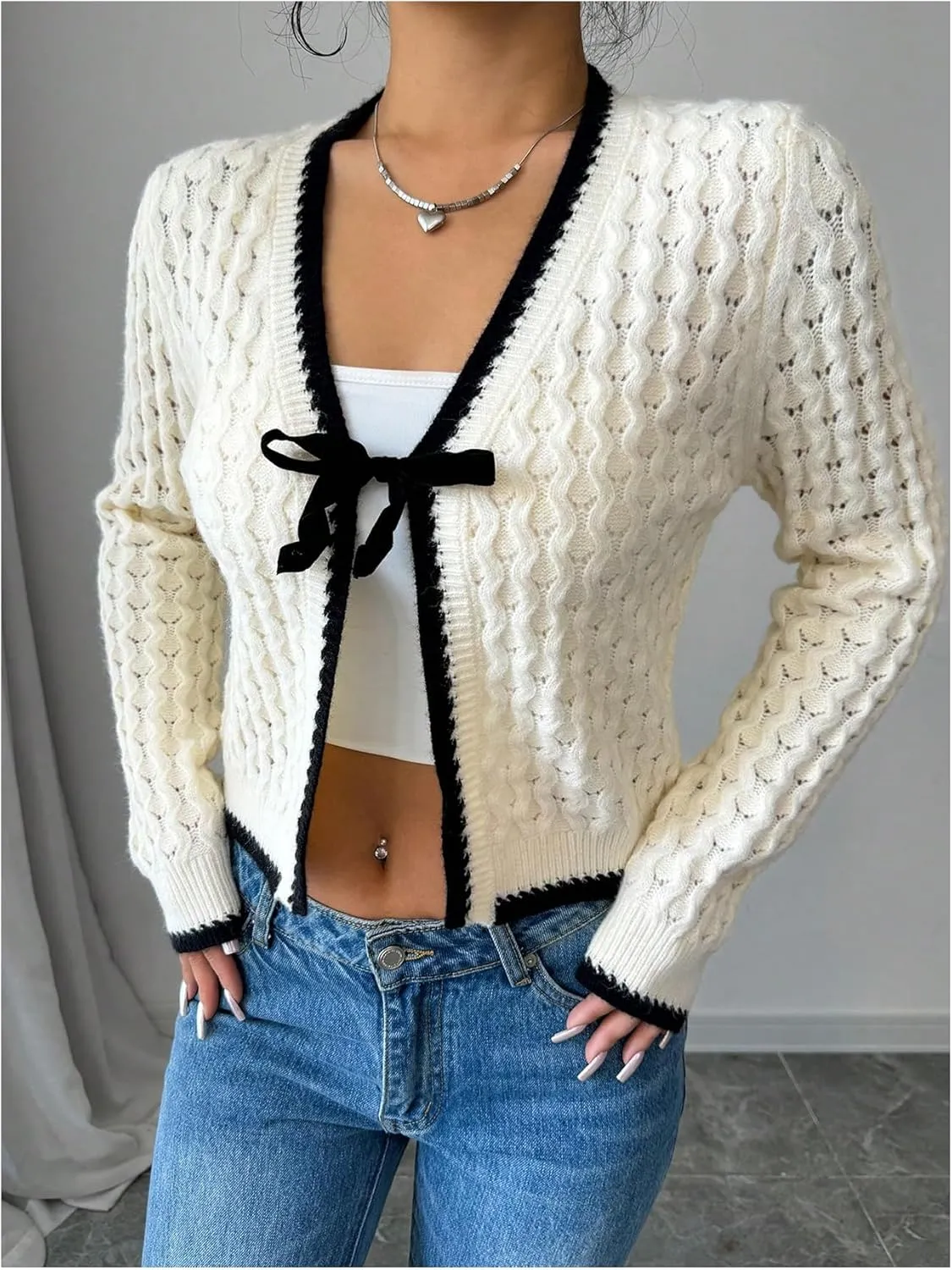 GORGLITTER Women's Bow Tie Front Cropped Cardigan Sweaters Crochet Long Sleeve Knitted Tops