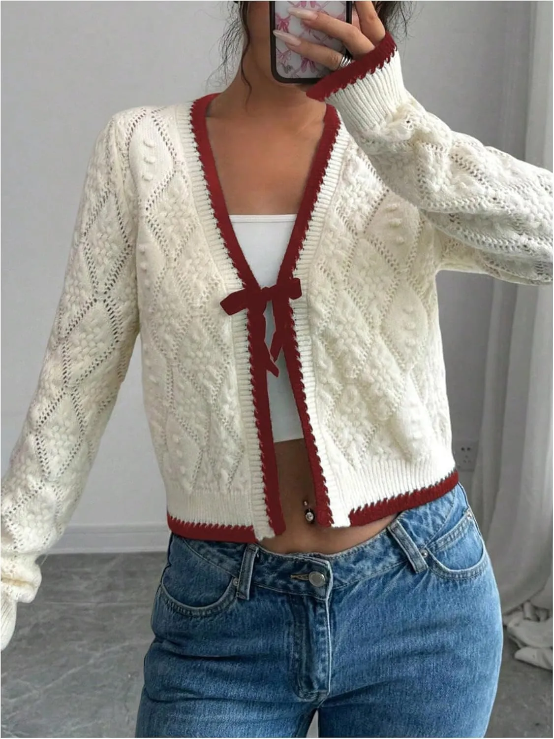GORGLITTER Women's Bow Tie Front Cropped Cardigan Sweaters Crochet Long Sleeve Knitted Tops