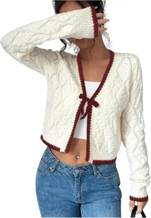 GORGLITTER Women's Bow Tie Front Cropped Cardigan Sweaters Crochet Long Sleeve Knitted Tops