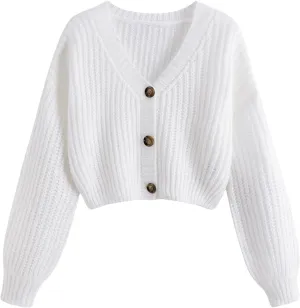 GORGLITTER Women's Button Up Cropped Cardigan Sweaters Chunky Long Sleeve V Neck Fall Coquette Cardigans