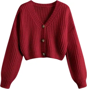 GORGLITTER Women's Button Up Cropped Cardigan Sweaters Chunky Long Sleeve V Neck Fall Coquette Cardigans