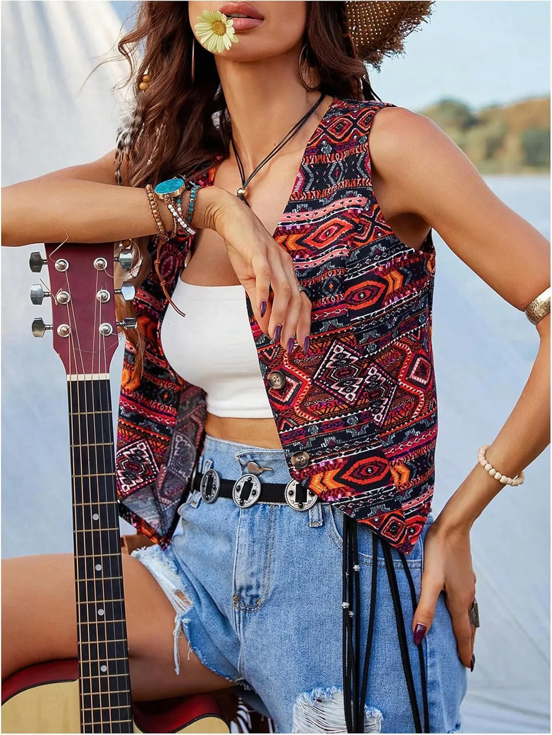GORGLITTER Women's Embroidered Vest Vintage Sleeveless Open Front Cropped Cardigan Outerwear