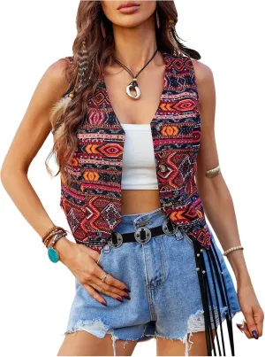 GORGLITTER Women's Embroidered Vest Vintage Sleeveless Open Front Cropped Cardigan Outerwear