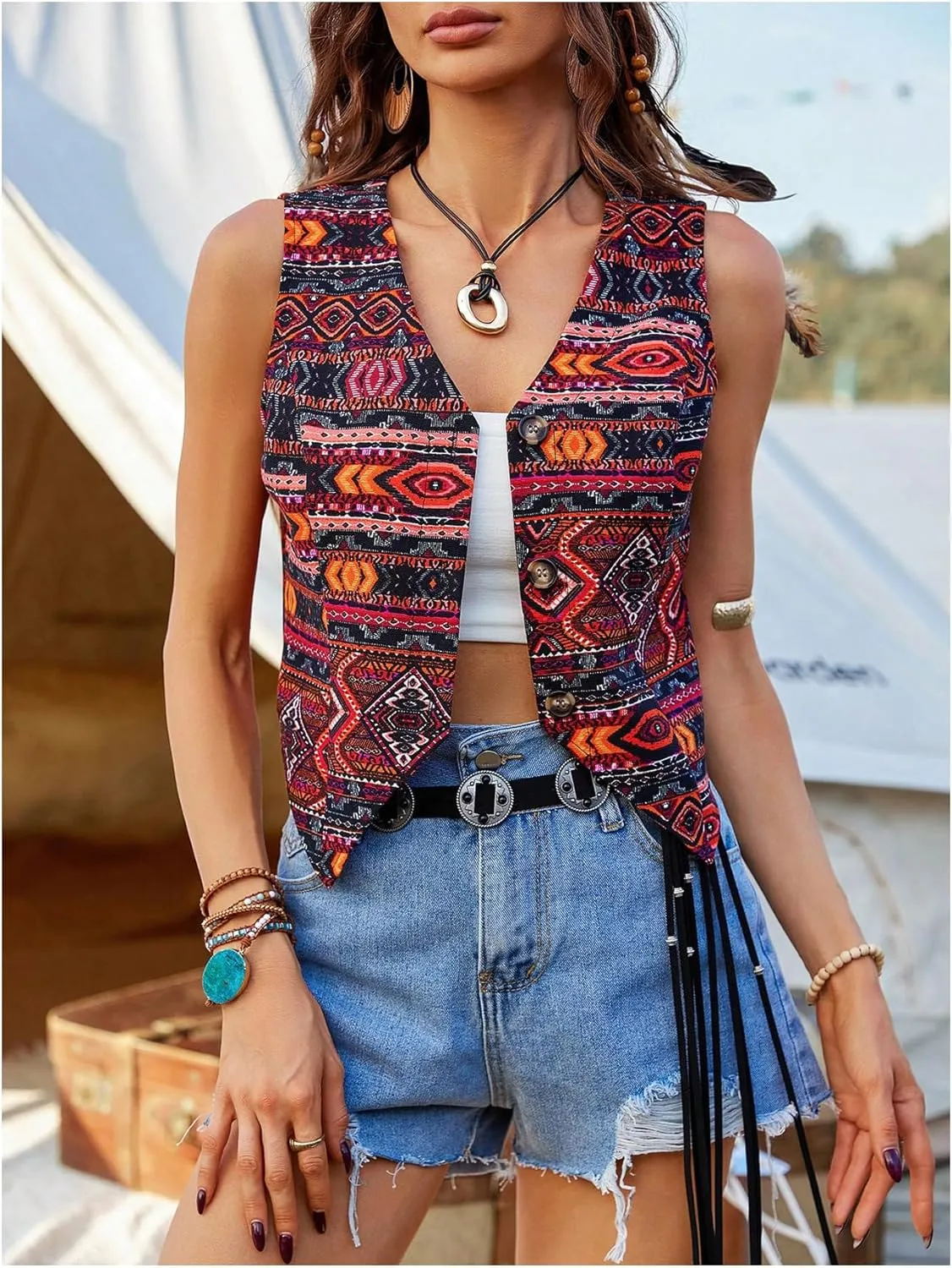 GORGLITTER Women's Embroidered Vest Vintage Sleeveless Open Front Cropped Cardigan Outerwear