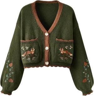 GORGLITTER Women's Flower Embroidery Button Up Cute Cardigan Chunky Cable Knit Oversized Fall Trendy 2025 Sweaters