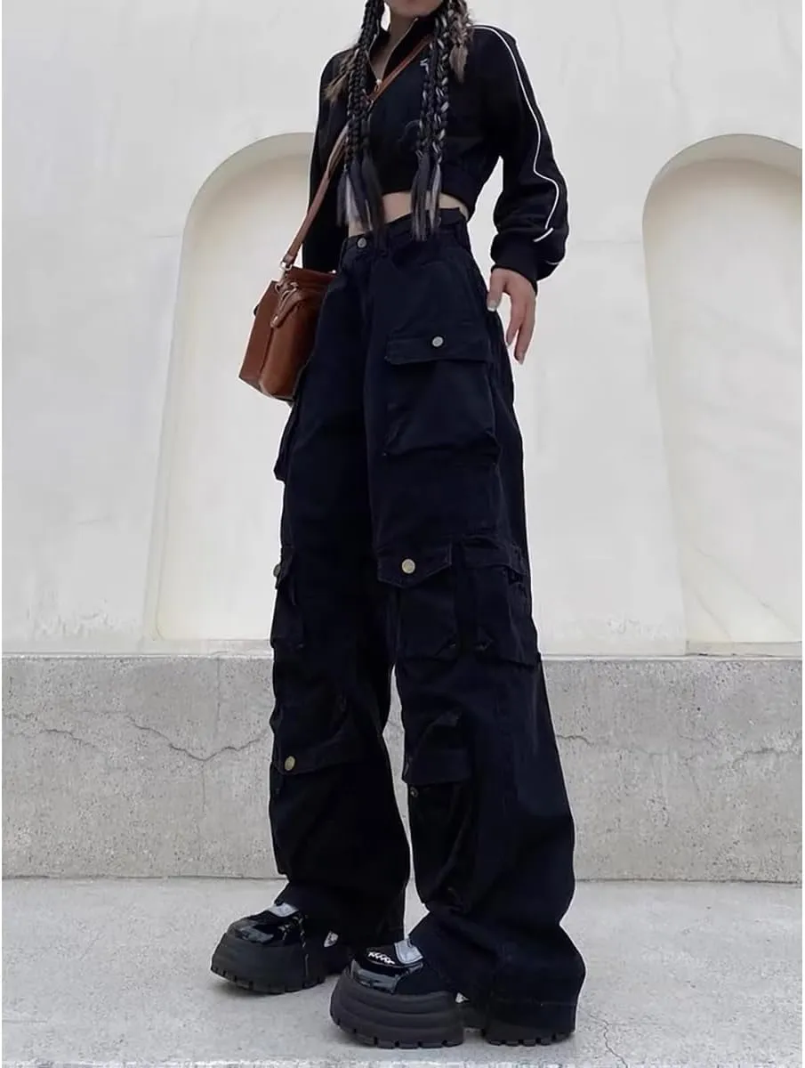 Gothic American Multi Pocket Work Pants, Women's Street Wide Leg Design, Versatile Trendy Casual Pants Hiphop