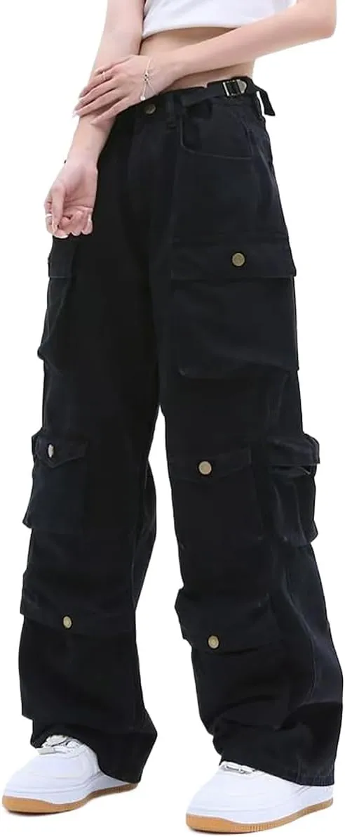 Gothic American Multi Pocket Work Pants, Women's Street Wide Leg Design, Versatile Trendy Casual Pants Hiphop