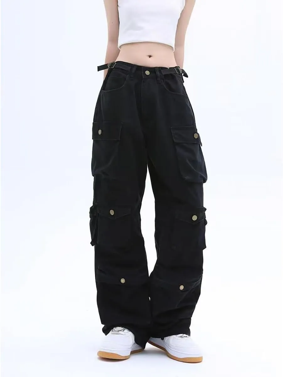 Gothic American Multi Pocket Work Pants, Women's Street Wide Leg Design, Versatile Trendy Casual Pants Hiphop