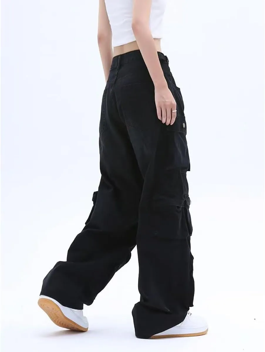 Gothic American Multi Pocket Work Pants, Women's Street Wide Leg Design, Versatile Trendy Casual Pants Hiphop