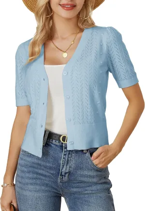 GRACE KARIN Cropped Cardigan Sweaters for Women Short Sleeve Crochet Knit Bolero Shrug V-Neck Button up Tops