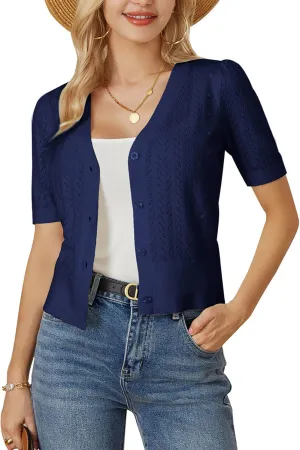 GRACE KARIN Cropped Cardigan Sweaters for Women Short Sleeve Crochet Knit Bolero Shrug V-Neck Button up Tops