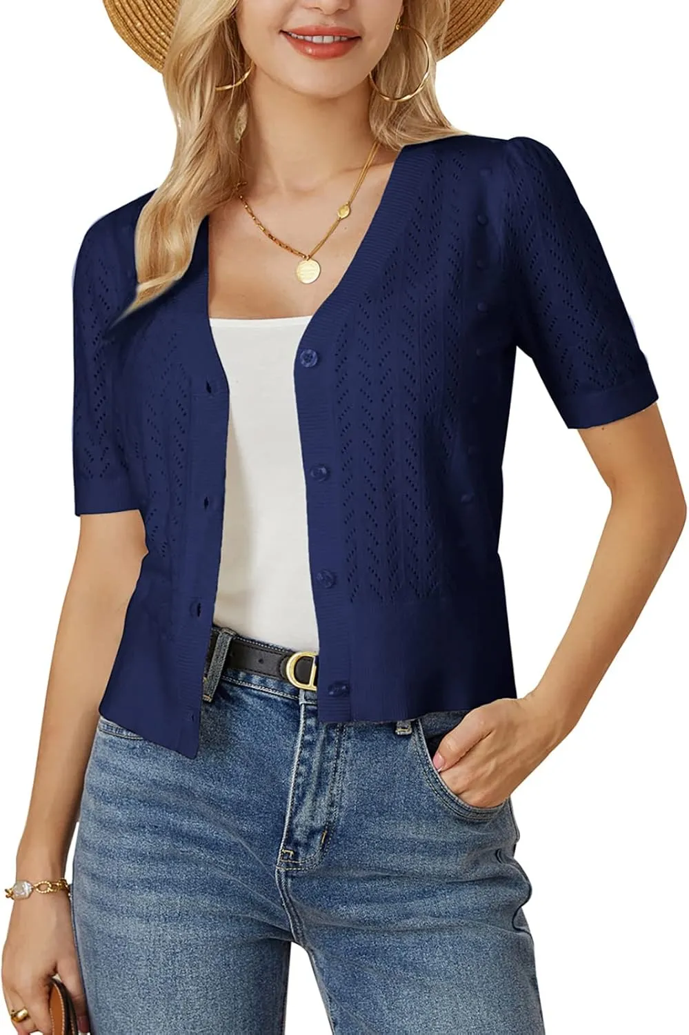 GRACE KARIN Cropped Cardigan Sweaters for Women Short Sleeve Crochet Knit Bolero Shrug V-Neck Button up Tops