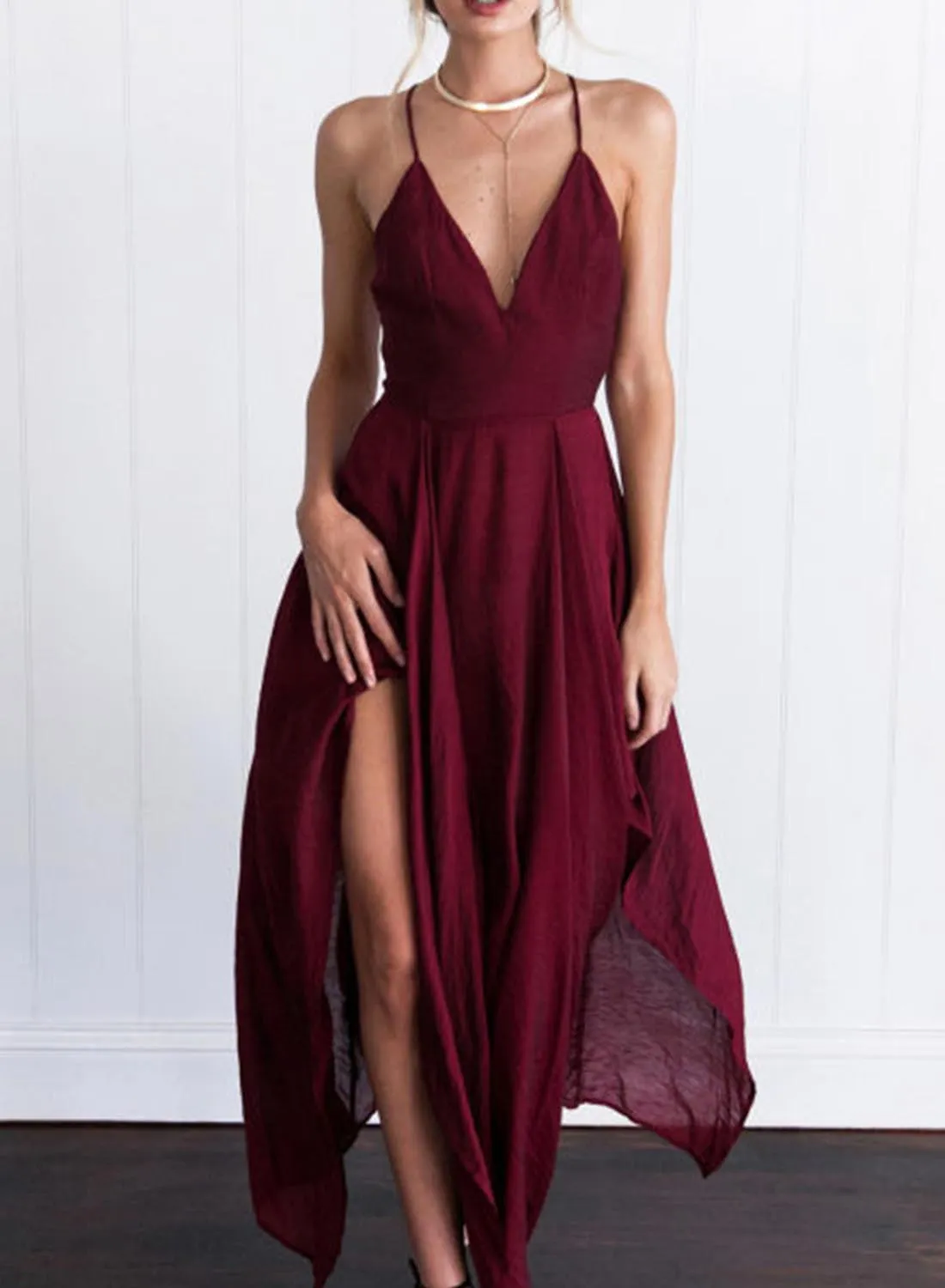 Graceful Crisscross V Neck Dinner Side Cut Out Maxi Dress