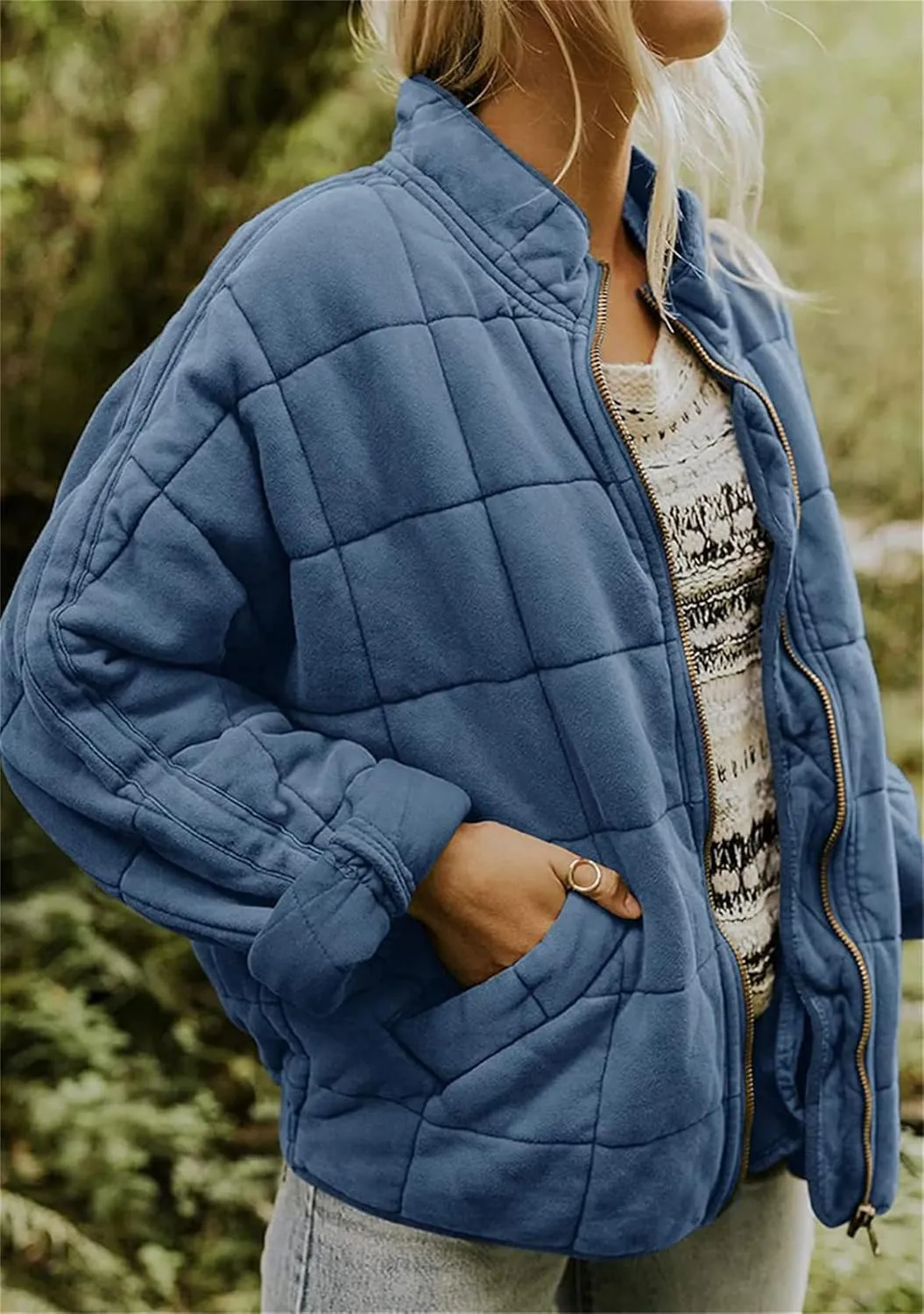 GRASWE Women Fall Formal Quilted Jackets Zipper Open Front Office Coats Mid Length Lapel Long Sleeve Outerwear
