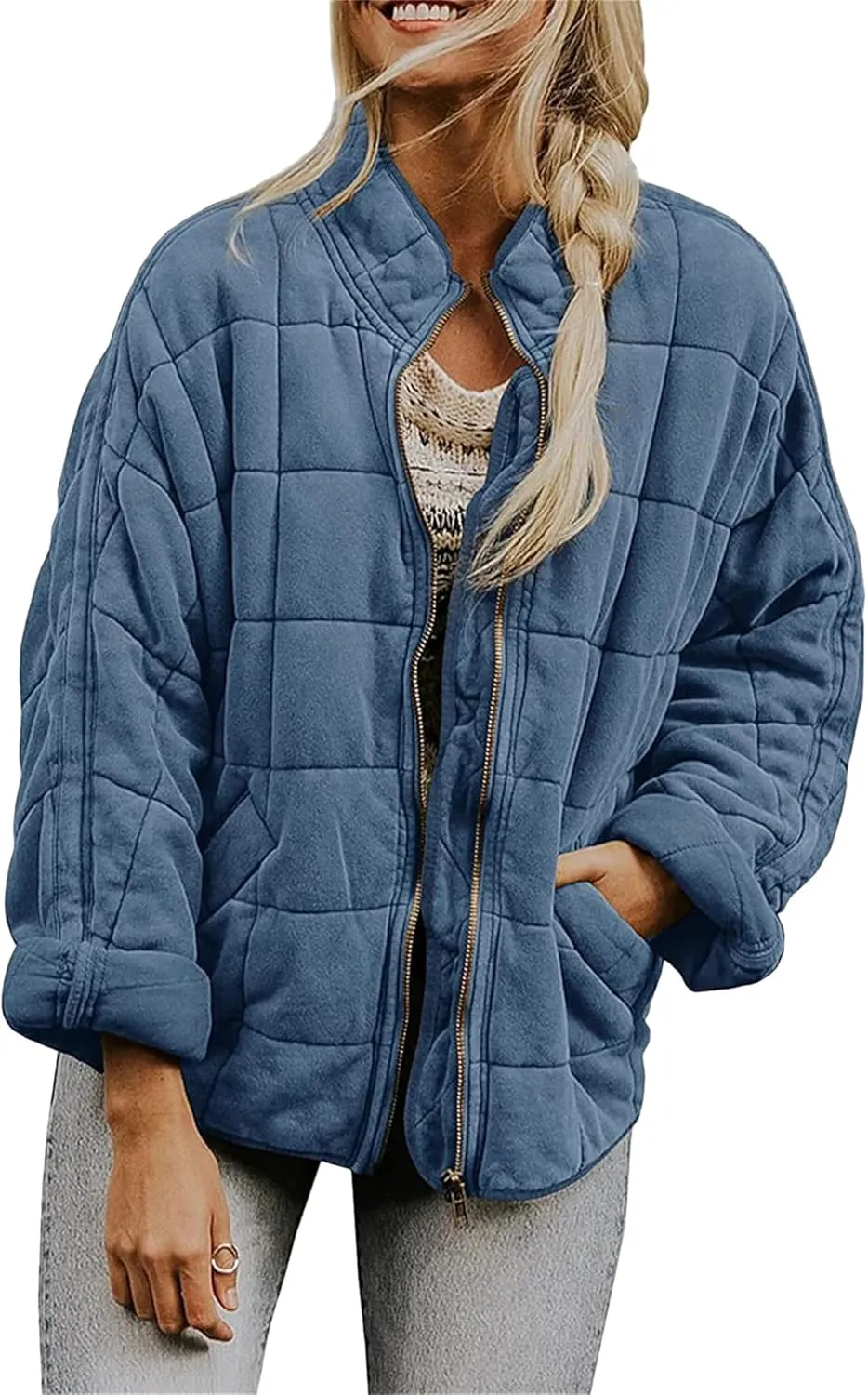 GRASWE Women Fall Formal Quilted Jackets Zipper Open Front Office Coats Mid Length Lapel Long Sleeve Outerwear