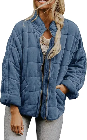 GRASWE Women Fall Formal Quilted Jackets Zipper Open Front Office Coats Mid Length Lapel Long Sleeve Outerwear