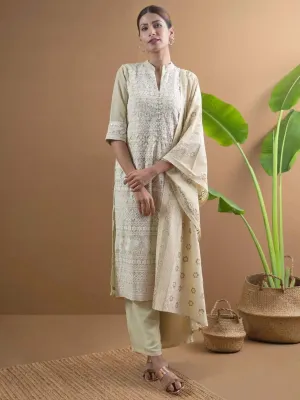 Green Embroidered Georgette Straight Kurta With Palazzos & Dupatta