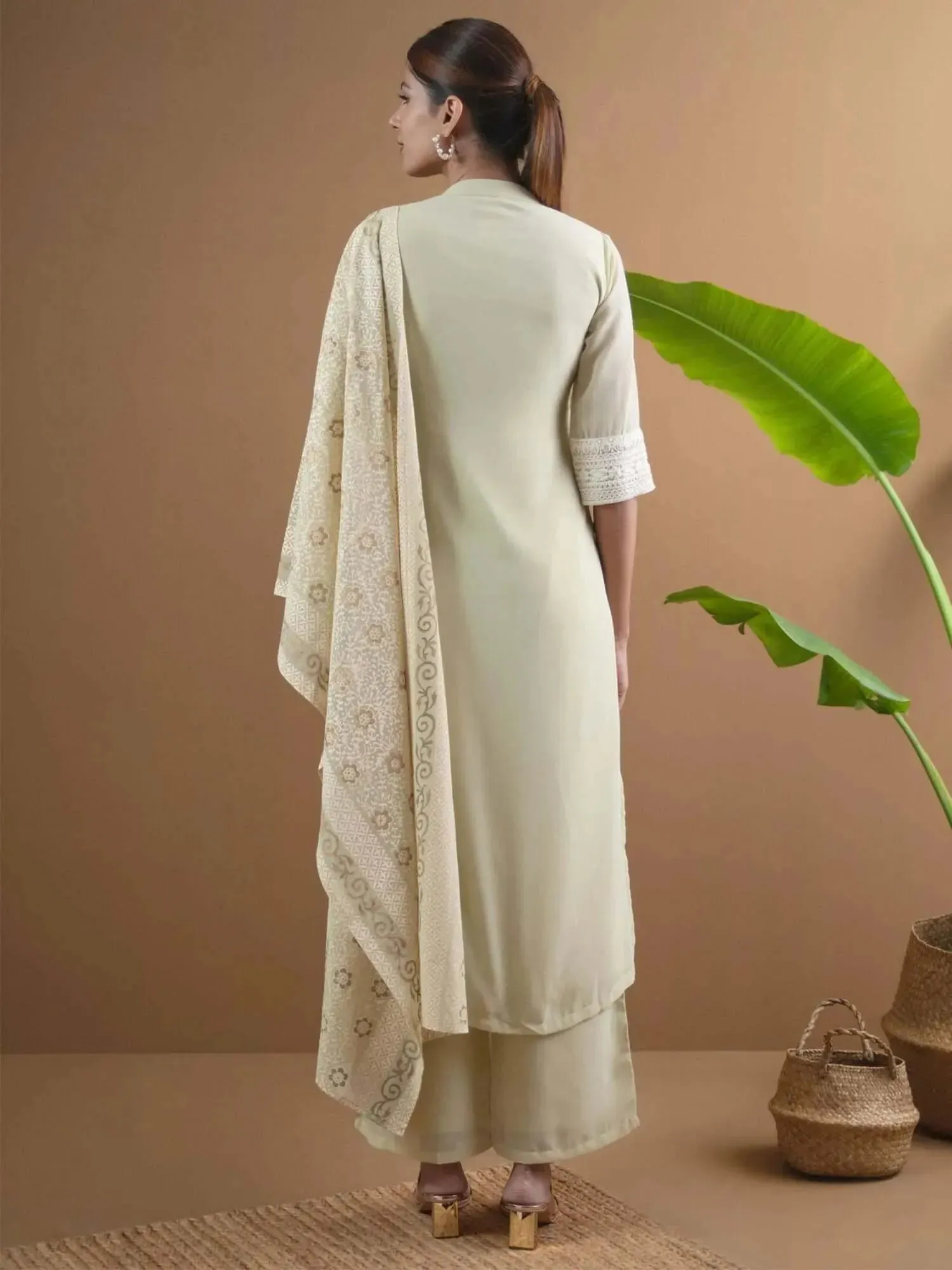 Green Embroidered Georgette Straight Kurta With Palazzos & Dupatta