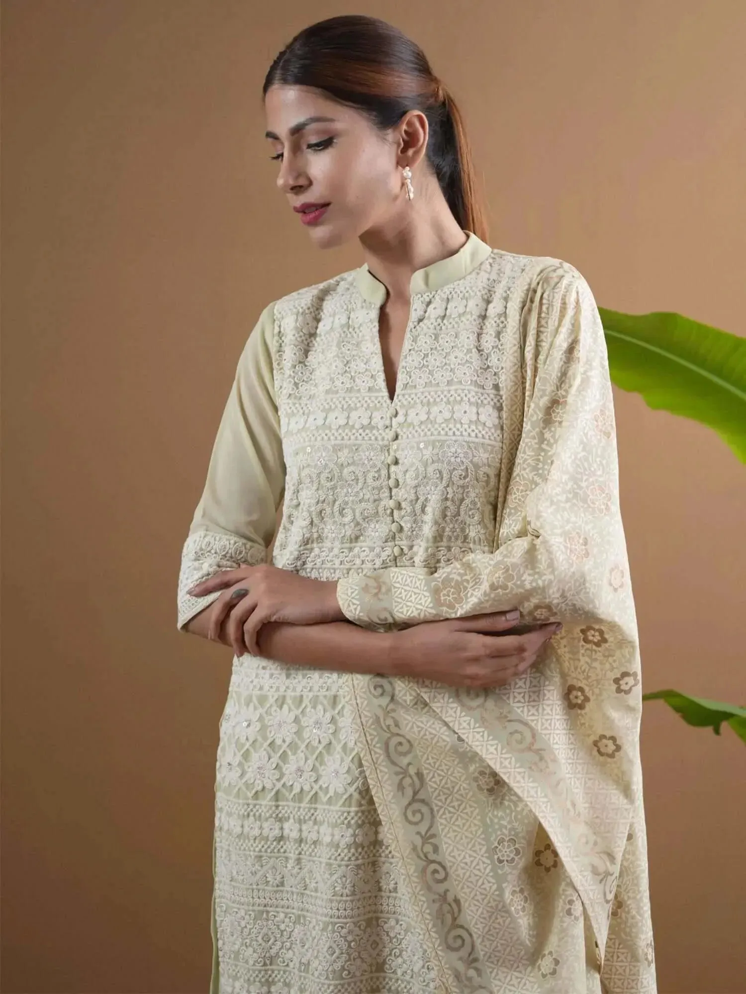 Green Embroidered Georgette Straight Kurta With Palazzos & Dupatta