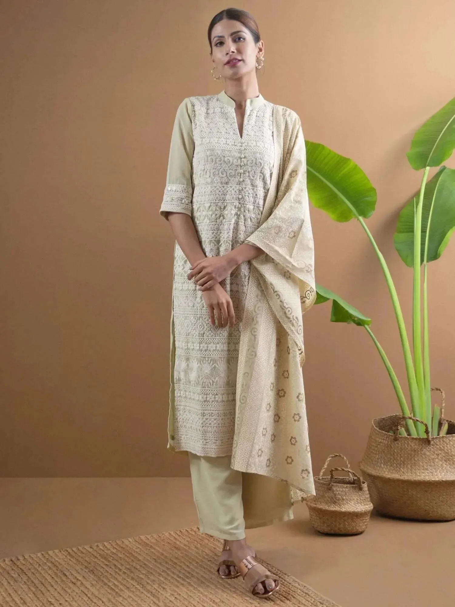 Green Embroidered Georgette Straight Kurta With Palazzos & Dupatta