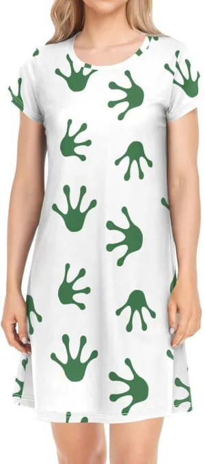 Green Frog Paw Footprint Nightgowns for Women Short Sleeve Sleepshirt Dress Print Sleepdress Sleepwear Pajama Dress