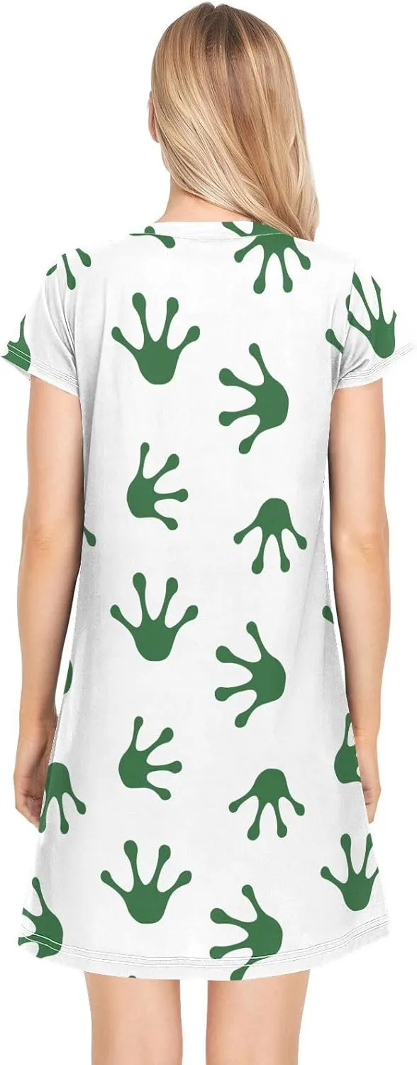 Green Frog Paw Footprint Nightgowns for Women Short Sleeve Sleepshirt Dress Print Sleepdress Sleepwear Pajama Dress