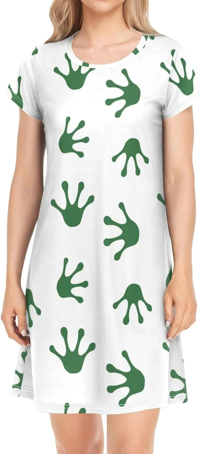 Green Frog Paw Footprint Nightgowns for Women Short Sleeve Sleepshirt Dress Print Sleepdress Sleepwear Pajama Dress