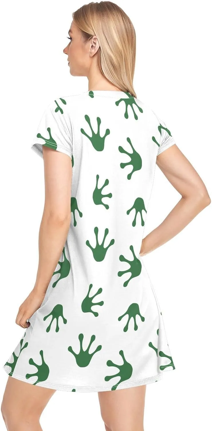 Green Frog Paw Footprint Nightgowns for Women Short Sleeve Sleepshirt Dress Print Sleepdress Sleepwear Pajama Dress