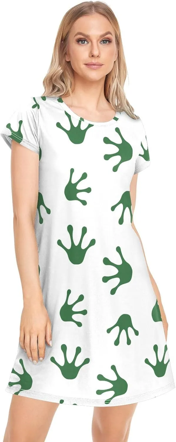 Green Frog Paw Footprint Nightgowns for Women Short Sleeve Sleepshirt Dress Print Sleepdress Sleepwear Pajama Dress