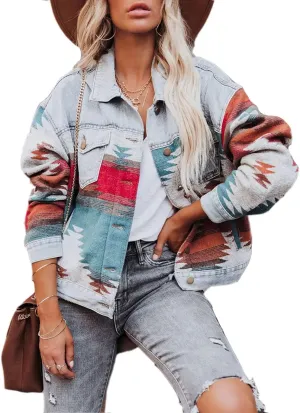 Haellun Women's Aztec Shacket Distressed Lapel Long Sleeve Button Down Jean Denim Jacket Coat