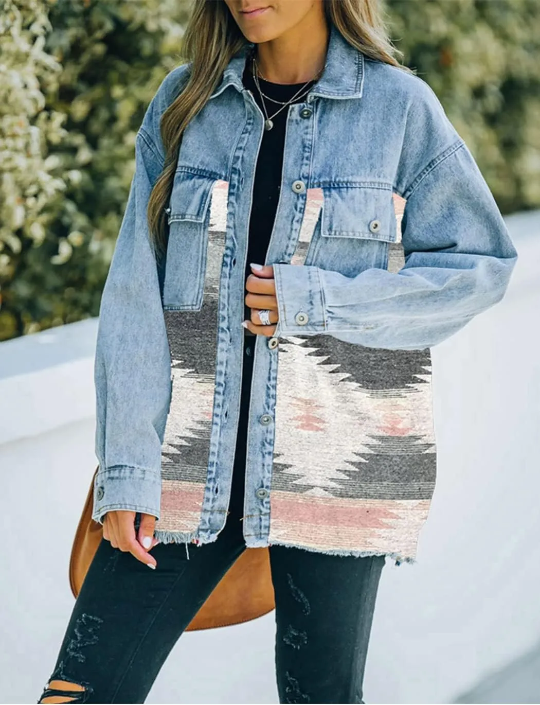 Haellun Women's Aztec Shacket Distressed Lapel Long Sleeve Button Down Jean Denim Jacket Coat