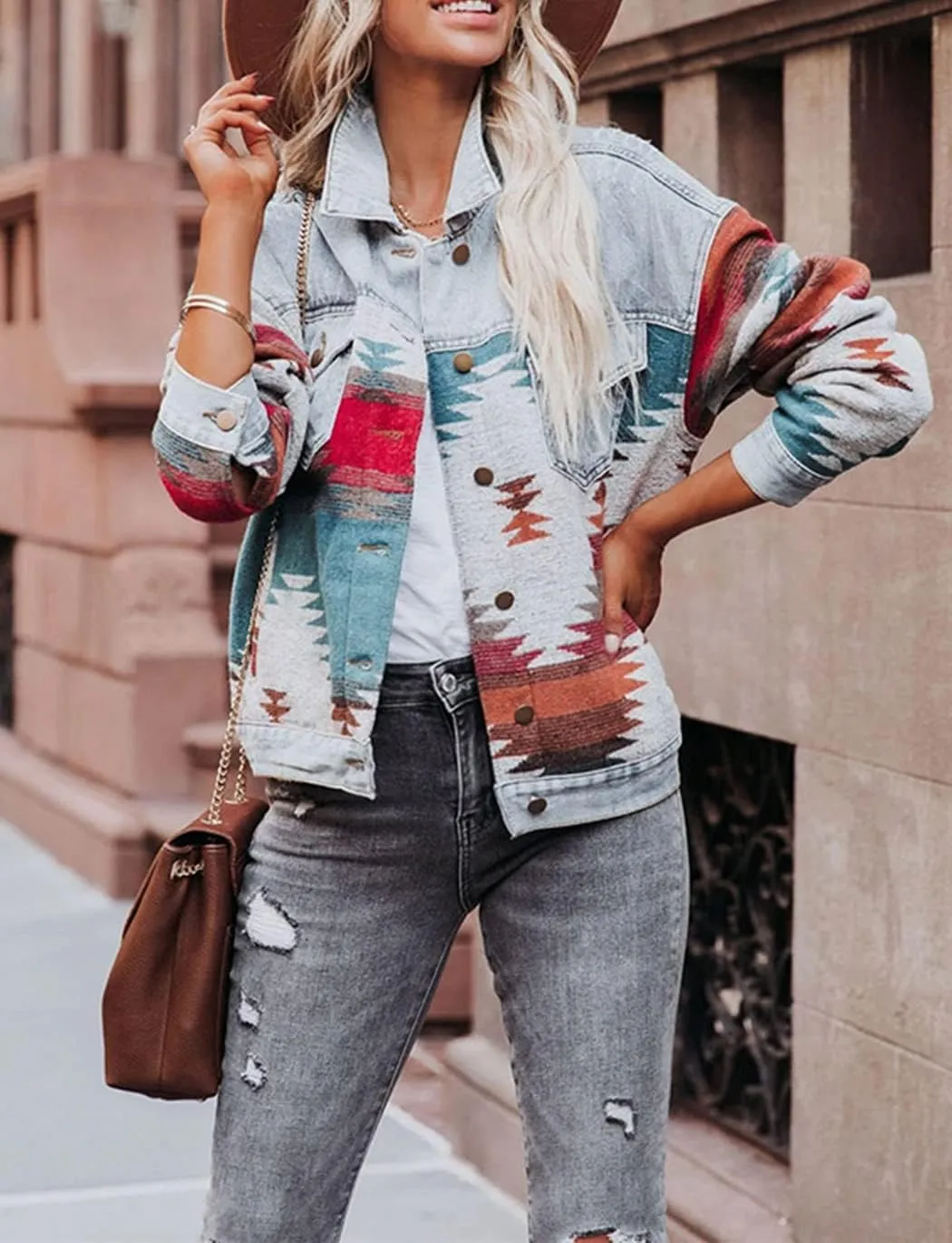 Haellun Women's Aztec Shacket Distressed Lapel Long Sleeve Button Down Jean Denim Jacket Coat