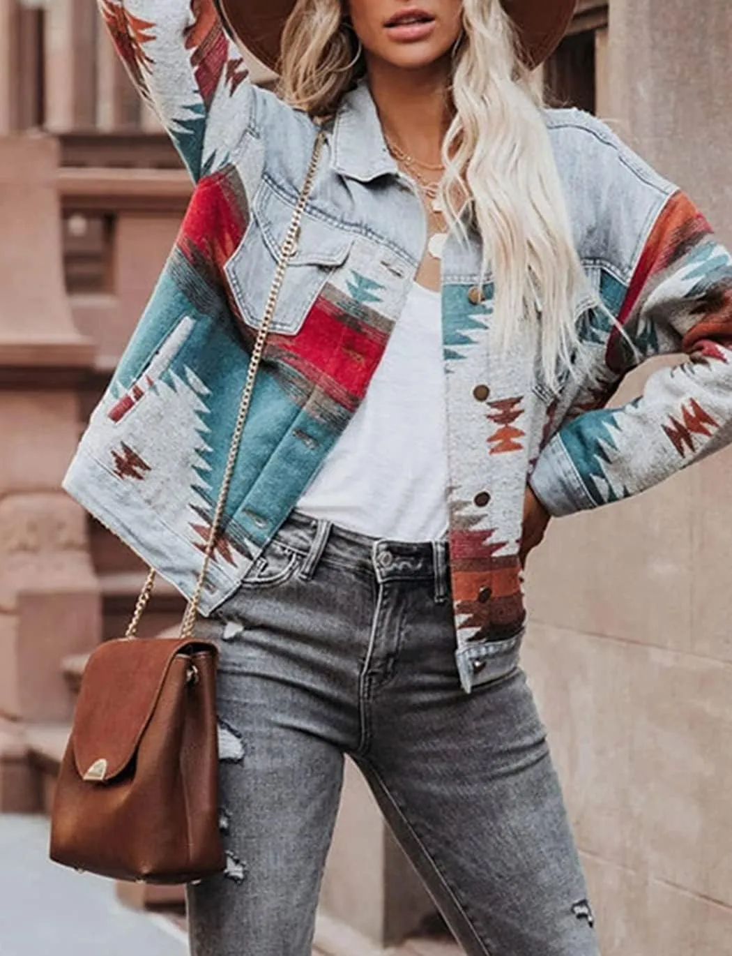 Haellun Women's Aztec Shacket Distressed Lapel Long Sleeve Button Down Jean Denim Jacket Coat