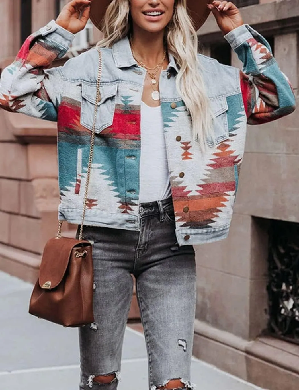 Haellun Women's Aztec Shacket Distressed Lapel Long Sleeve Button Down Jean Denim Jacket Coat