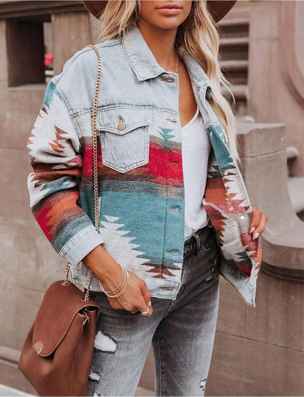 Haellun Women's Aztec Shacket Distressed Lapel Long Sleeve Button Down Jean Denim Jacket Coat