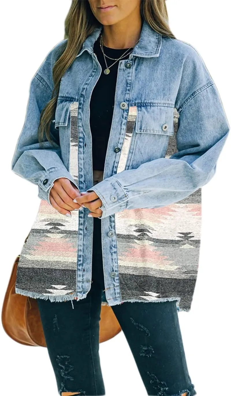 Haellun Women's Aztec Shacket Distressed Lapel Long Sleeve Button Down Jean Denim Jacket Coat