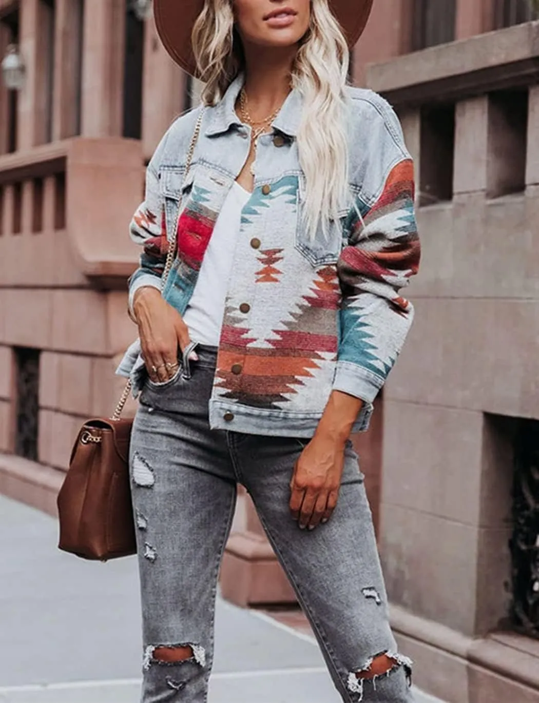 Haellun Women's Aztec Shacket Distressed Lapel Long Sleeve Button Down Jean Denim Jacket Coat