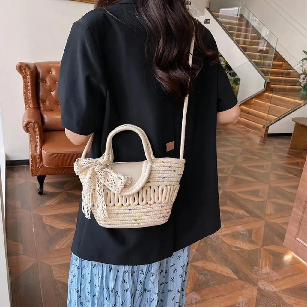 Handbag Cotton Bucket Bag Woven Bag Versatile Shoulder Messenger Bag Handbag Beach Bag Straw Bags(White)