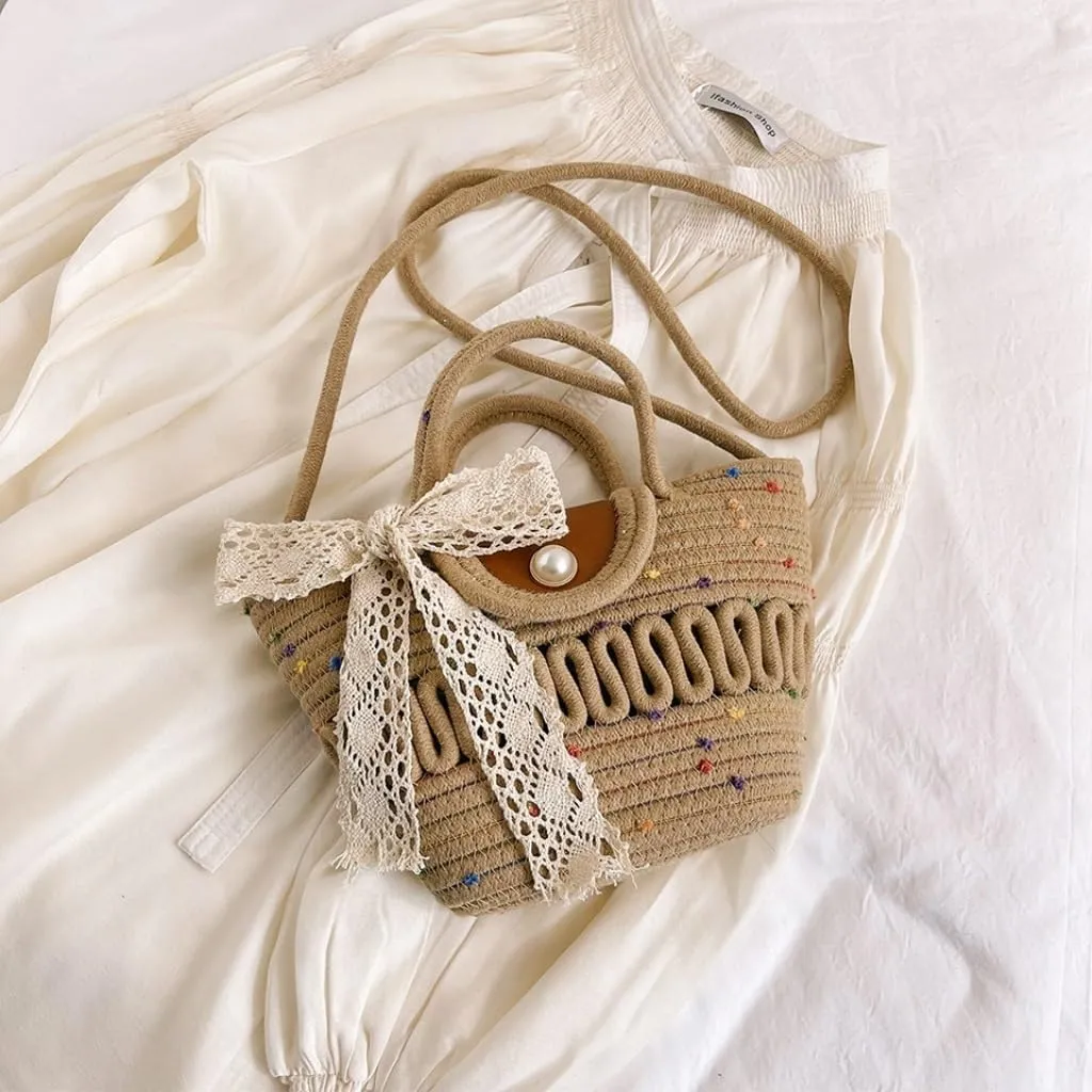 Handbag Cotton Bucket Bag Woven Bag Versatile Shoulder Messenger Bag Handbag Beach Bag Straw Bags(White)