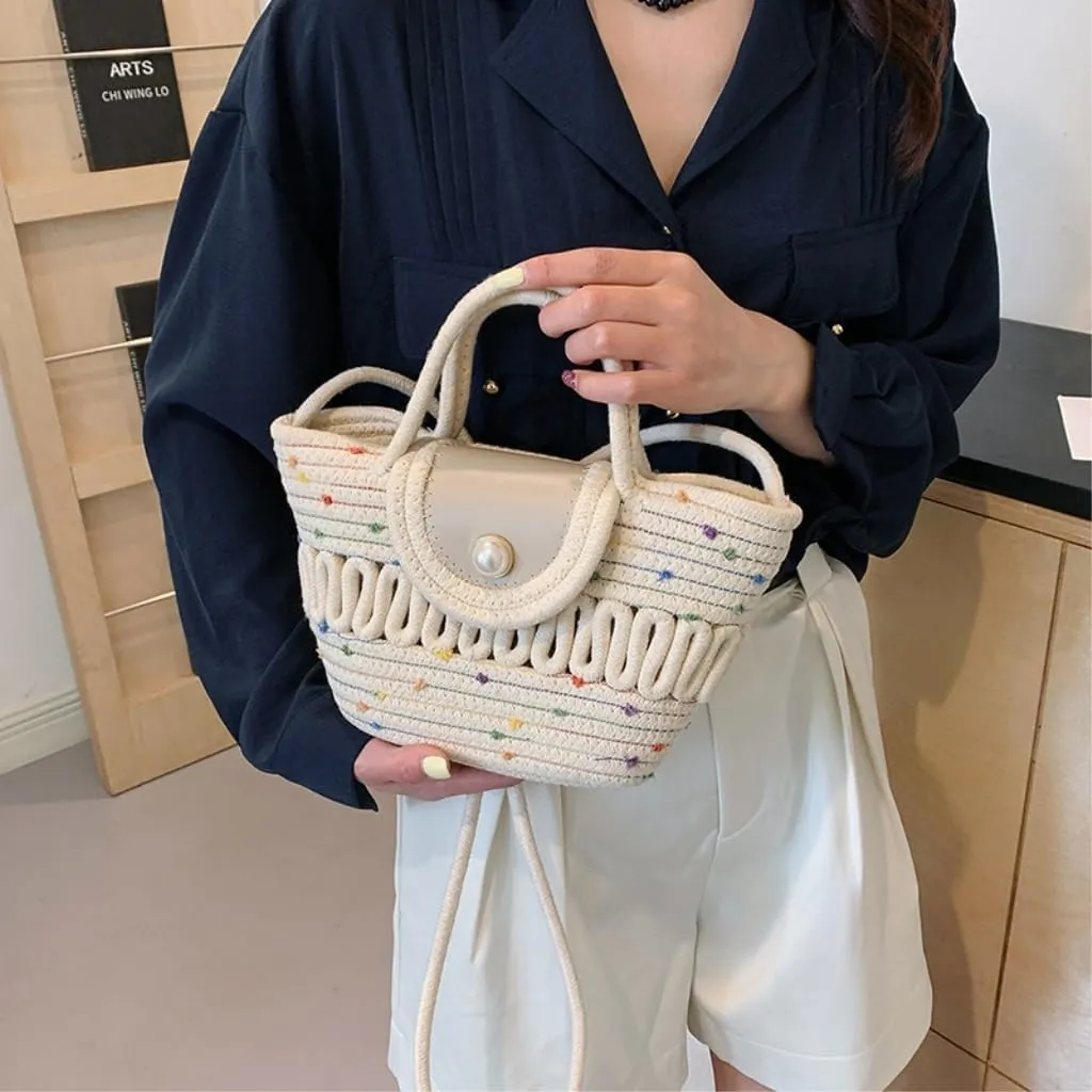 Handbag Cotton Bucket Bag Woven Bag Versatile Shoulder Messenger Bag Handbag Beach Bag Straw Bags(White)