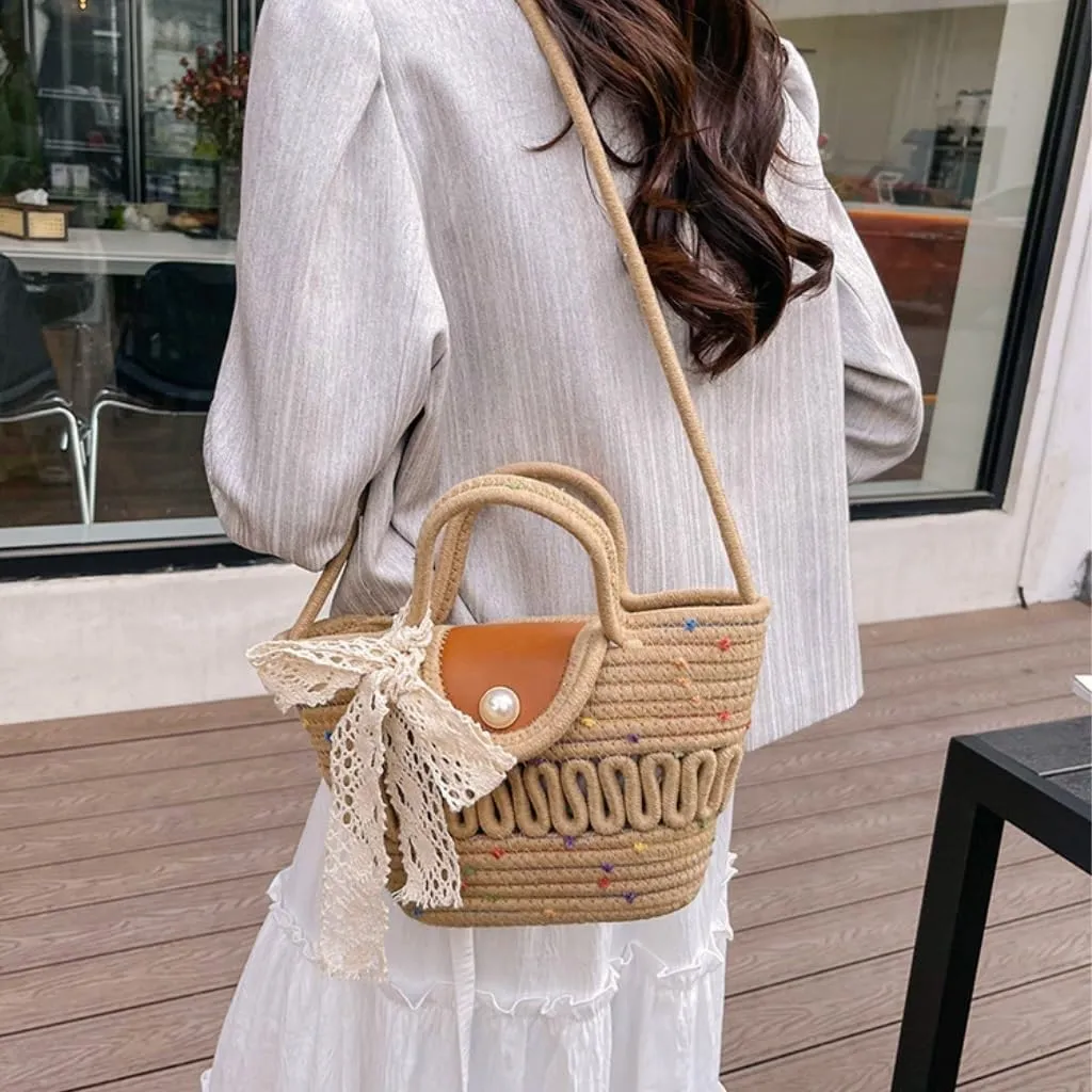 Handbag Cotton Bucket Bag Woven Bag Versatile Shoulder Messenger Bag Handbag Beach Bag Straw Bags(White)