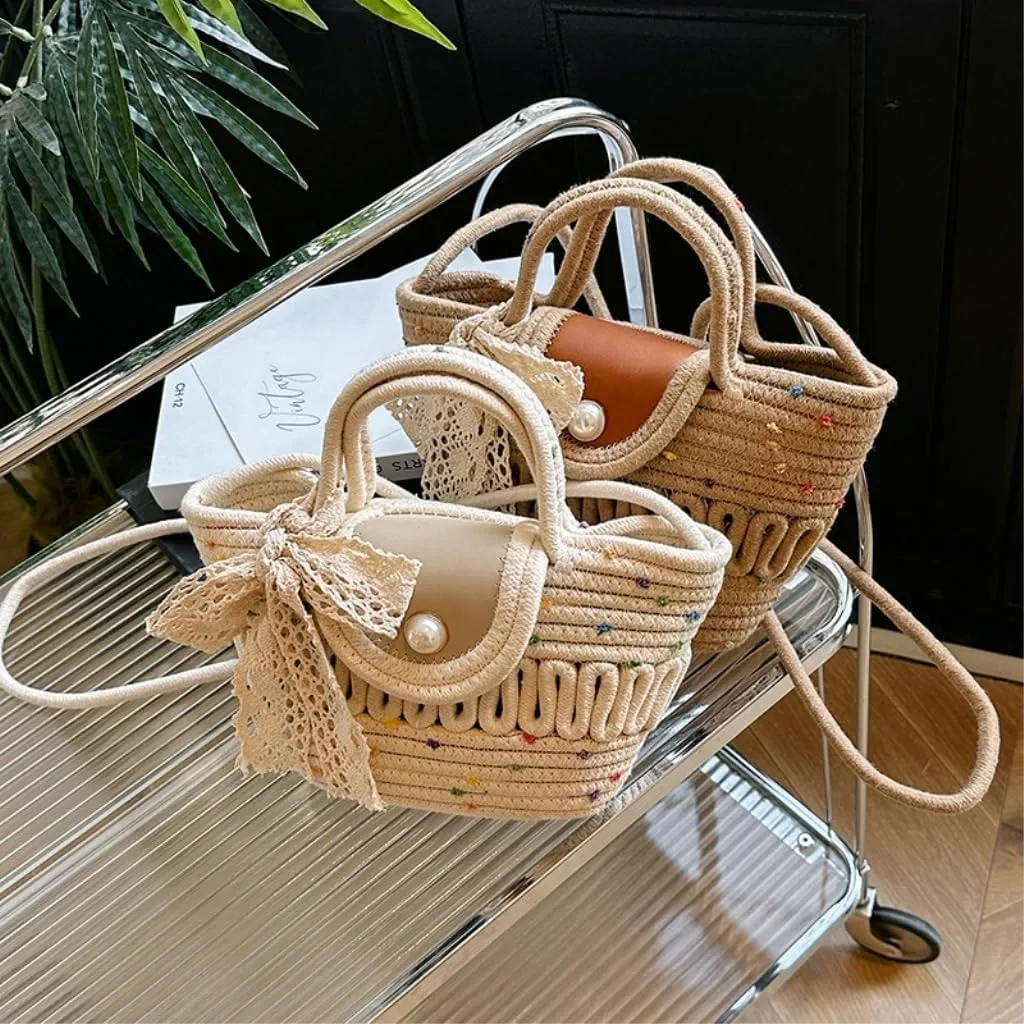 Handbag Cotton Bucket Bag Woven Bag Versatile Shoulder Messenger Bag Handbag Beach Bag Straw Bags(White)