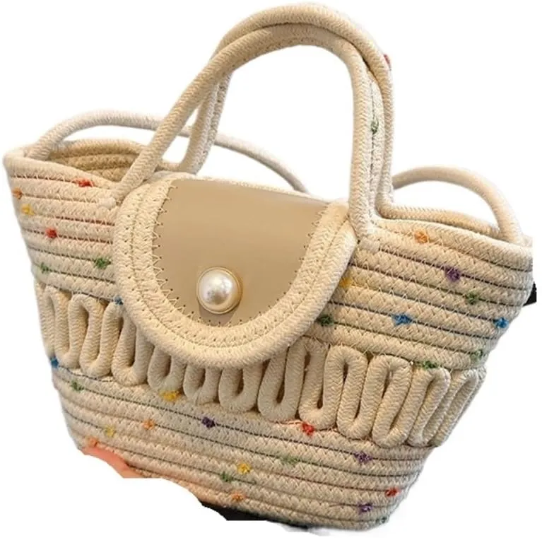 Handbag Cotton Bucket Bag Woven Bag Versatile Shoulder Messenger Bag Handbag Beach Bag Straw Bags(White)