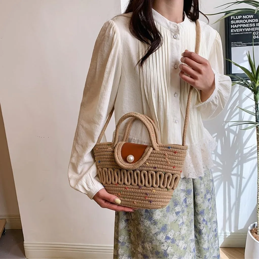 Handbag Cotton Bucket Bag Woven Bag Versatile Shoulder Messenger Bag Handbag Beach Bag Straw Bags(White)