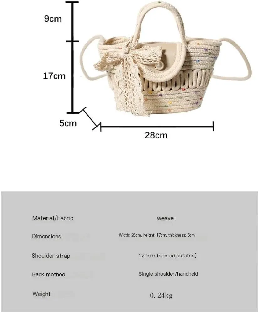 Handbag Cotton Bucket Bag Woven Bag Versatile Shoulder Messenger Bag Handbag Beach Bag Straw Bags(White)