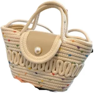Handbag Cotton Bucket Bag Woven Bag Versatile Shoulder Messenger Bag Handbag Beach Bag Straw Bags(White)