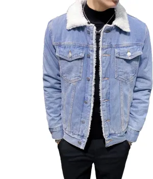 HangNiFang Men's Fleece Jean Jacket Winter Sherpa Fleece Lined Denim Trucker Jacket